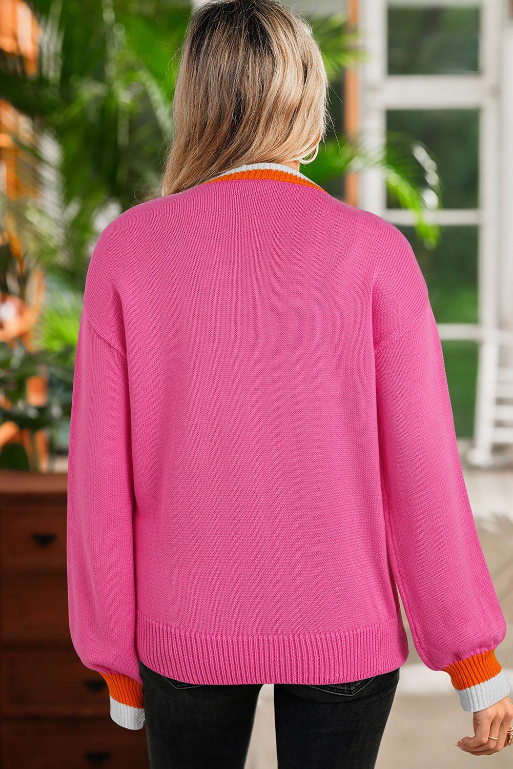 Sachet Pink Contrast Crew Neck Pearled Decor Drop Shoulder Knit Sweater - Jaico Online Shop