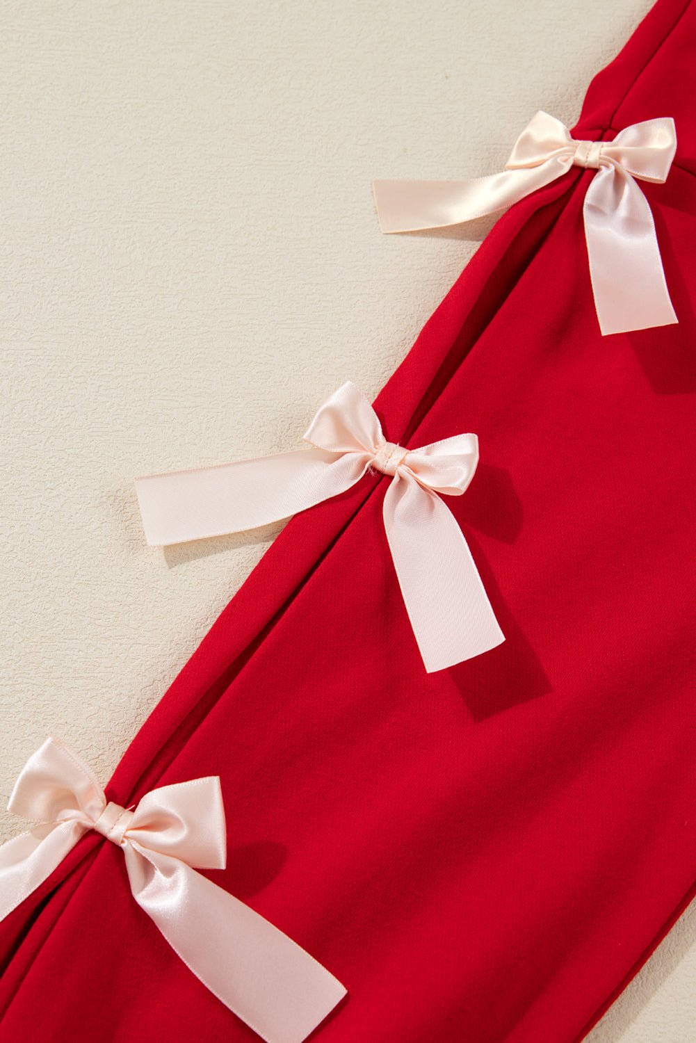 Racing Red Striped Collar Patchwork Satin Bow Sweatshirt and Shorts Set - Jaico Online Shop