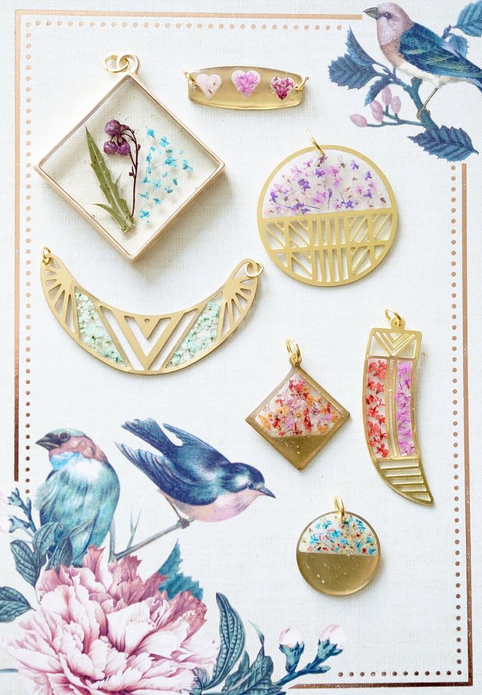 Real Pressed Flowers in Resin, Gold Dog Necklace in Blue and Pink