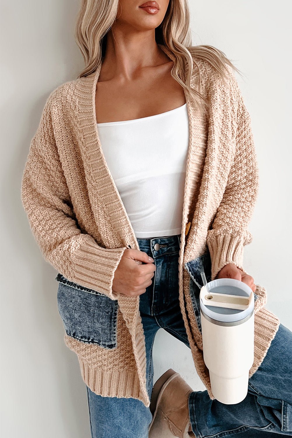 Smoke Gray Open Front Knitted Denim Pocket Patchwork Cardigan - Jaico Online Shop