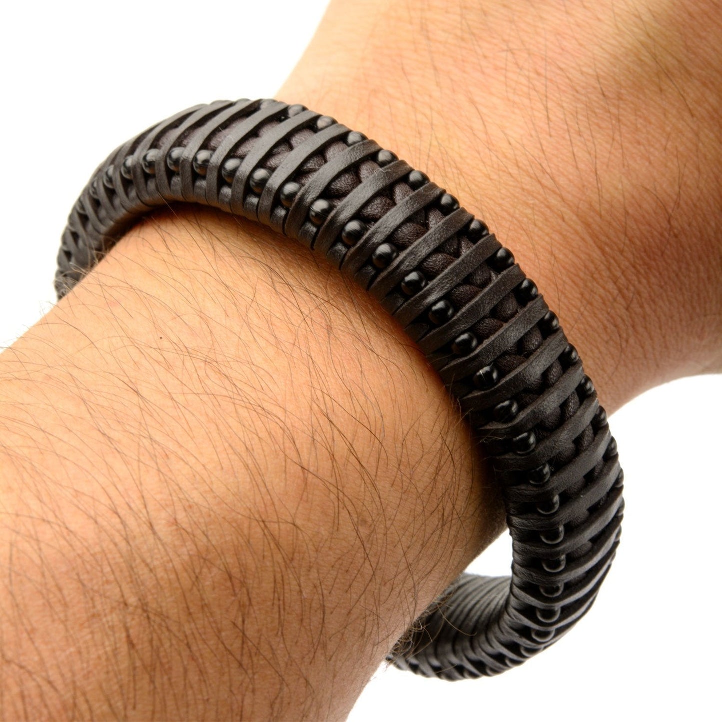 Mens Black Leather Black IP Steel Ball Edge 6mm Bracelet