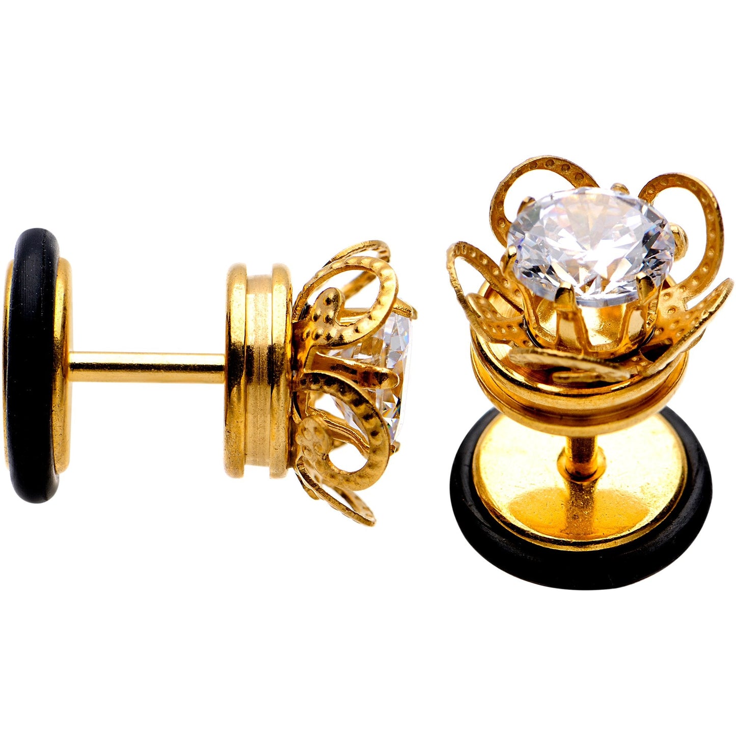 Clear Gem Gold Tone Anodized Swirl Cheater Plug Set