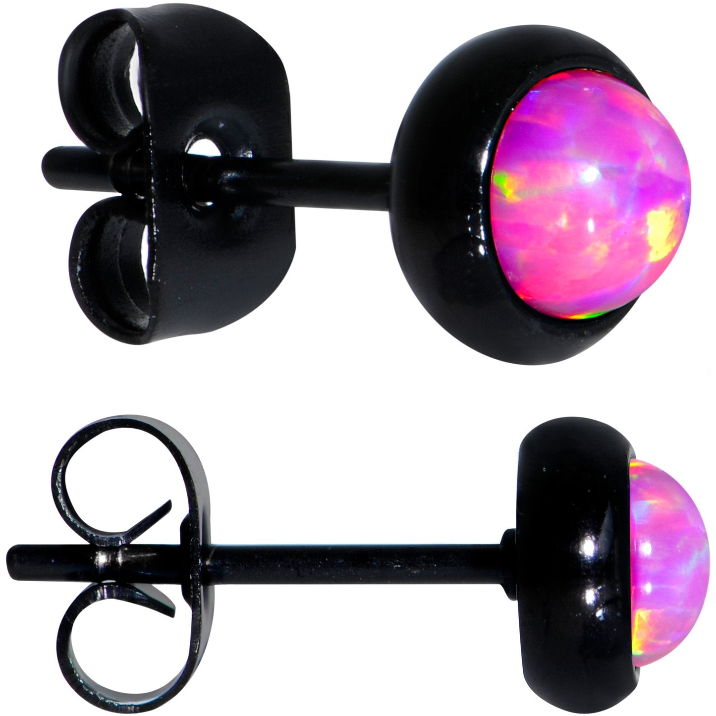 Pink Synthetic Opal Black IP 316L Surgical Steel Stud Earrings