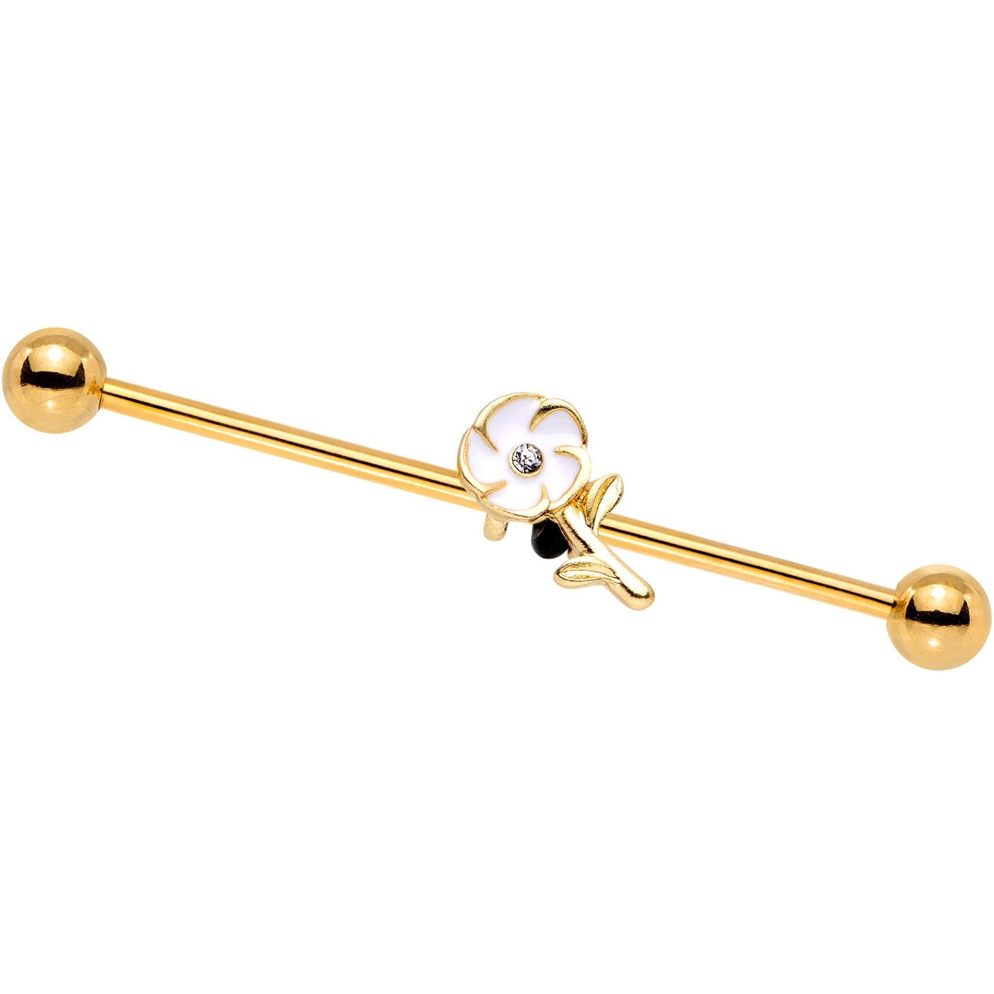 Clear Gem Gold Tone Anodized White Flower Industrial Barbell 38mm
