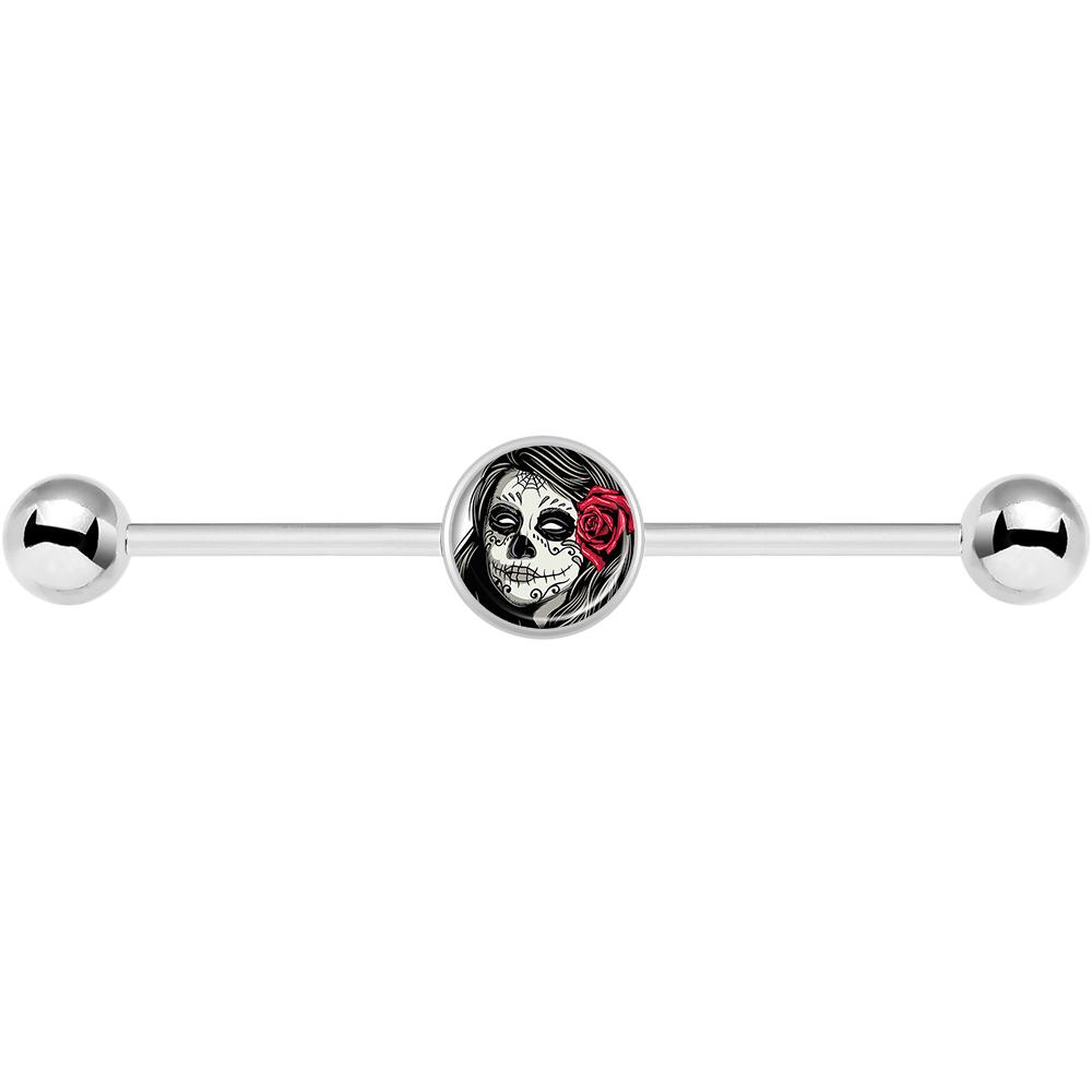 14G Katrina Sugar Skull with Rose Flower Industrial Barbell 37mm