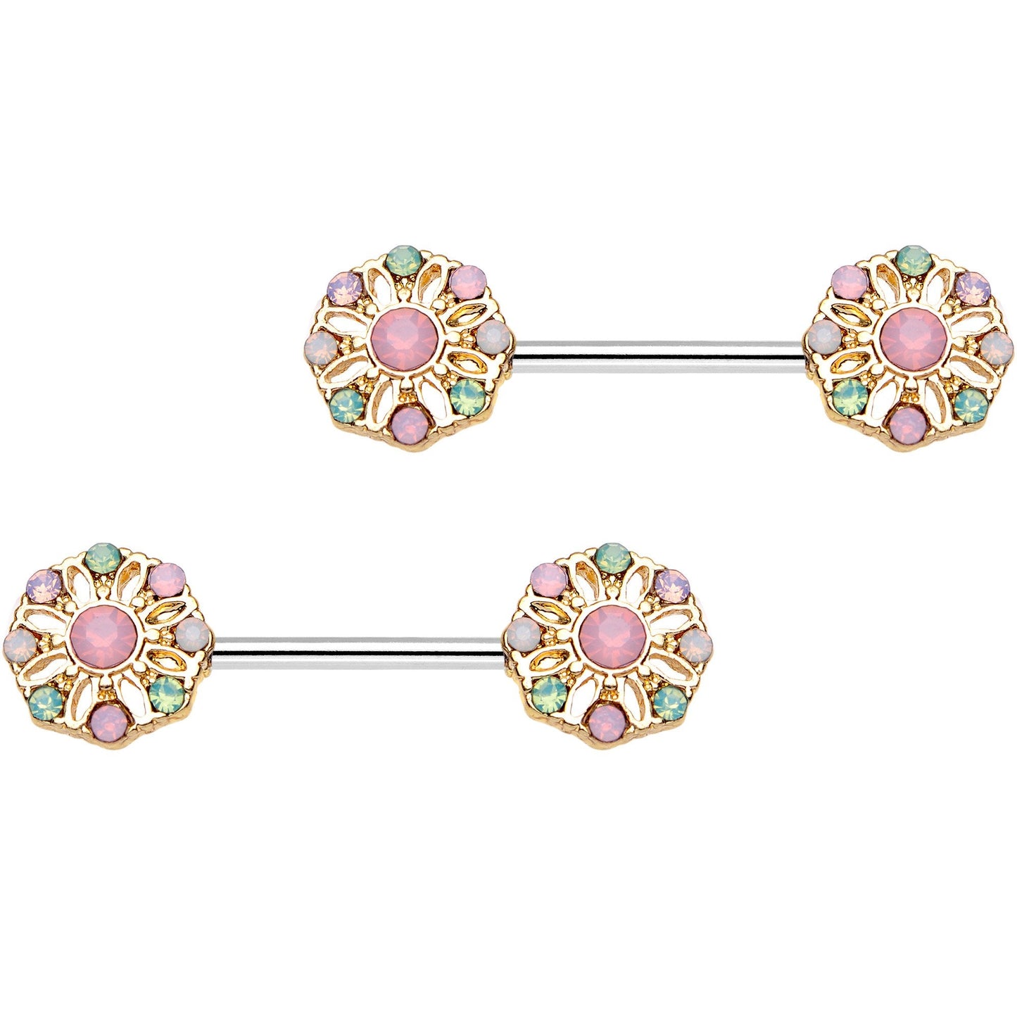 14G 5/8" Pink Gem Rounded Flower Barbell Nipple Ring Set
