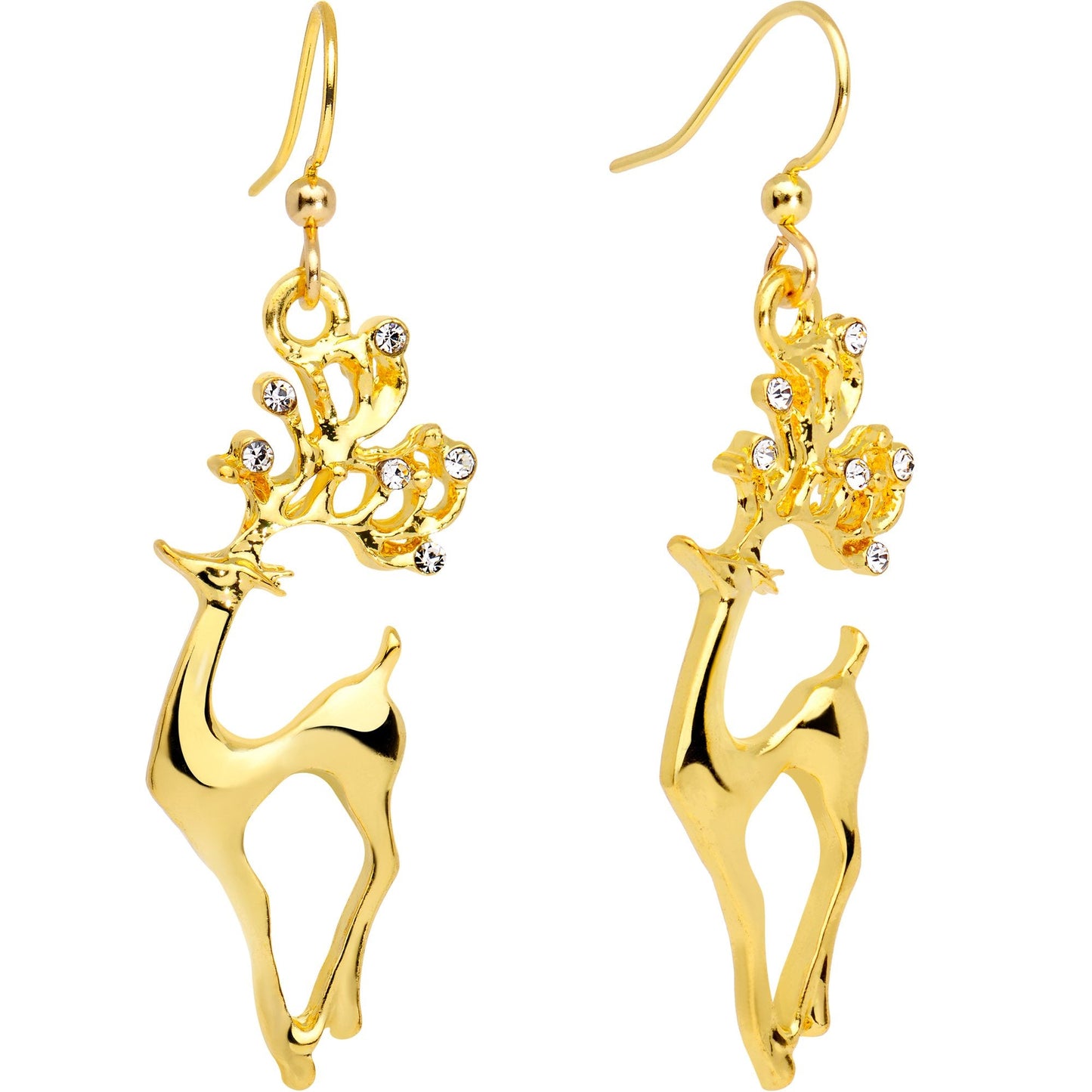 Clear CZ Gem Gold Plated Prancing Reindeer Fishhook Earrings