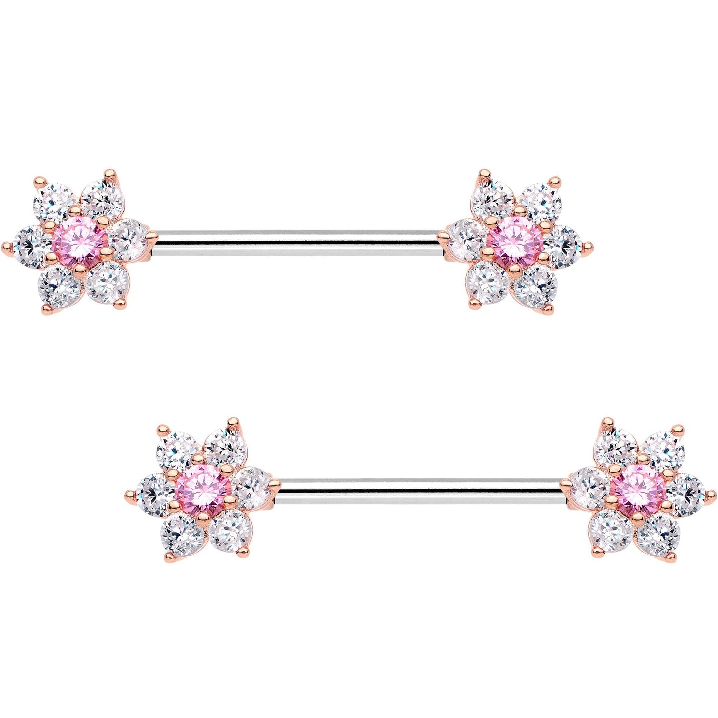 9/16 Pink CZ Gem Shimmering Flower Petal Barbell Nipple Ring Set