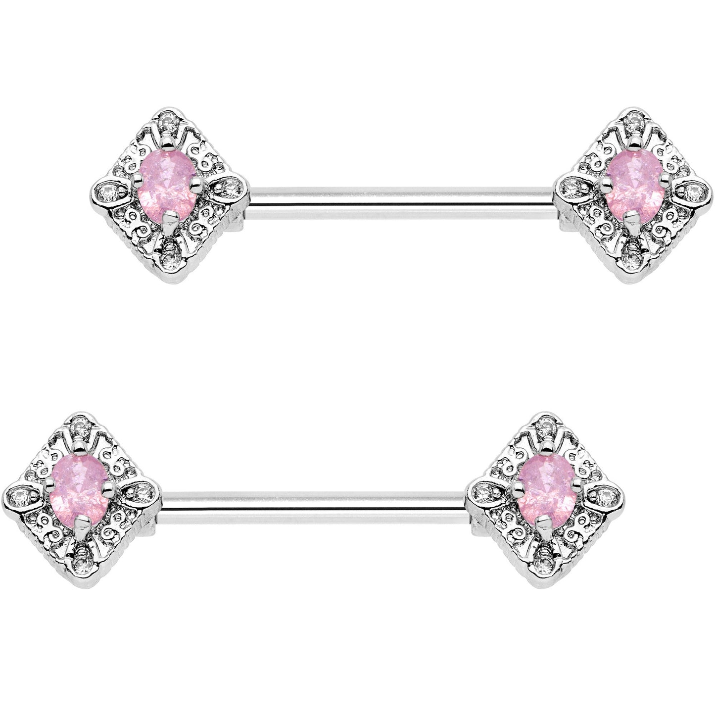 14G 5/8" Clear Pink Gem Rococo Rhombus Barbell Nipple Ring Set