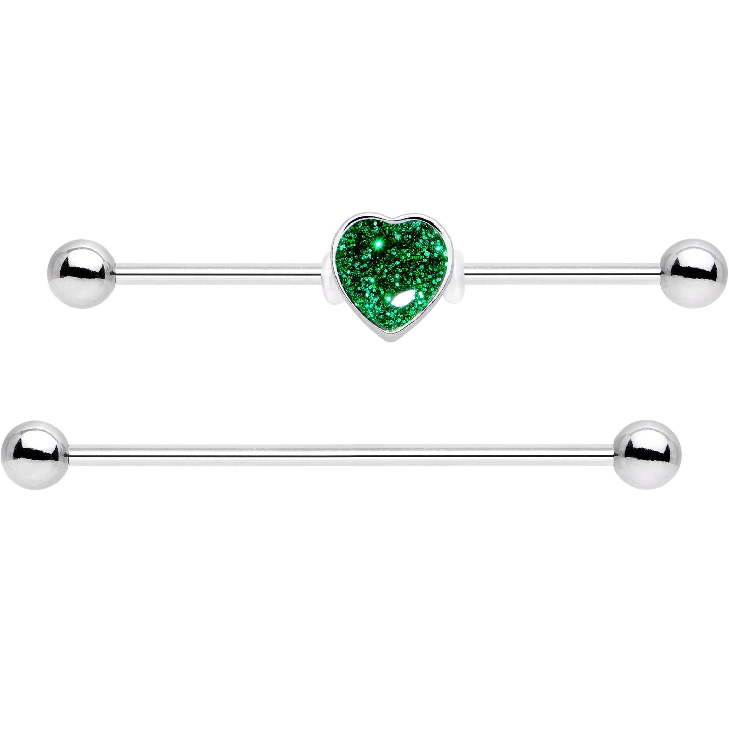 14G Green Glitter Heart Industrial Barbell 38mm Set of 2