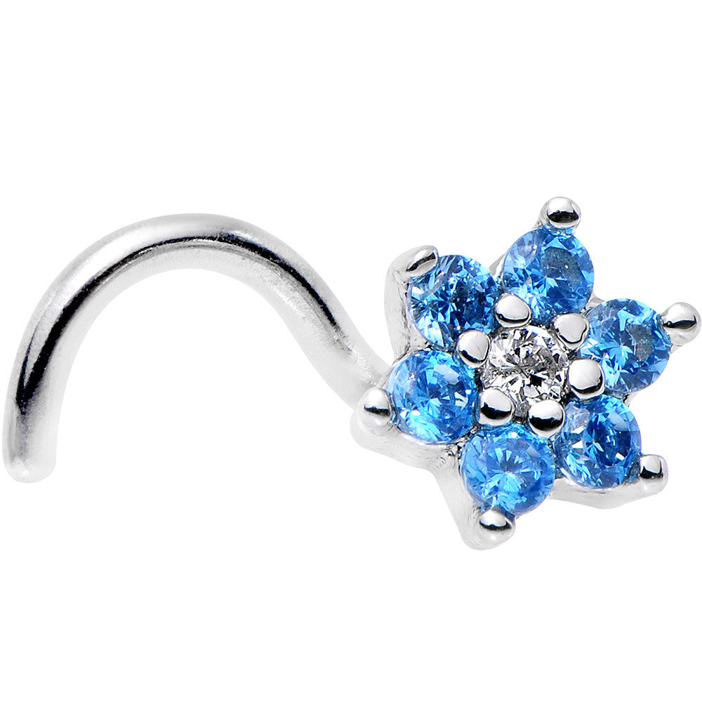 18G 1/4 Aqua Blue and Clear CZ Gem Flower Right Nose Screw