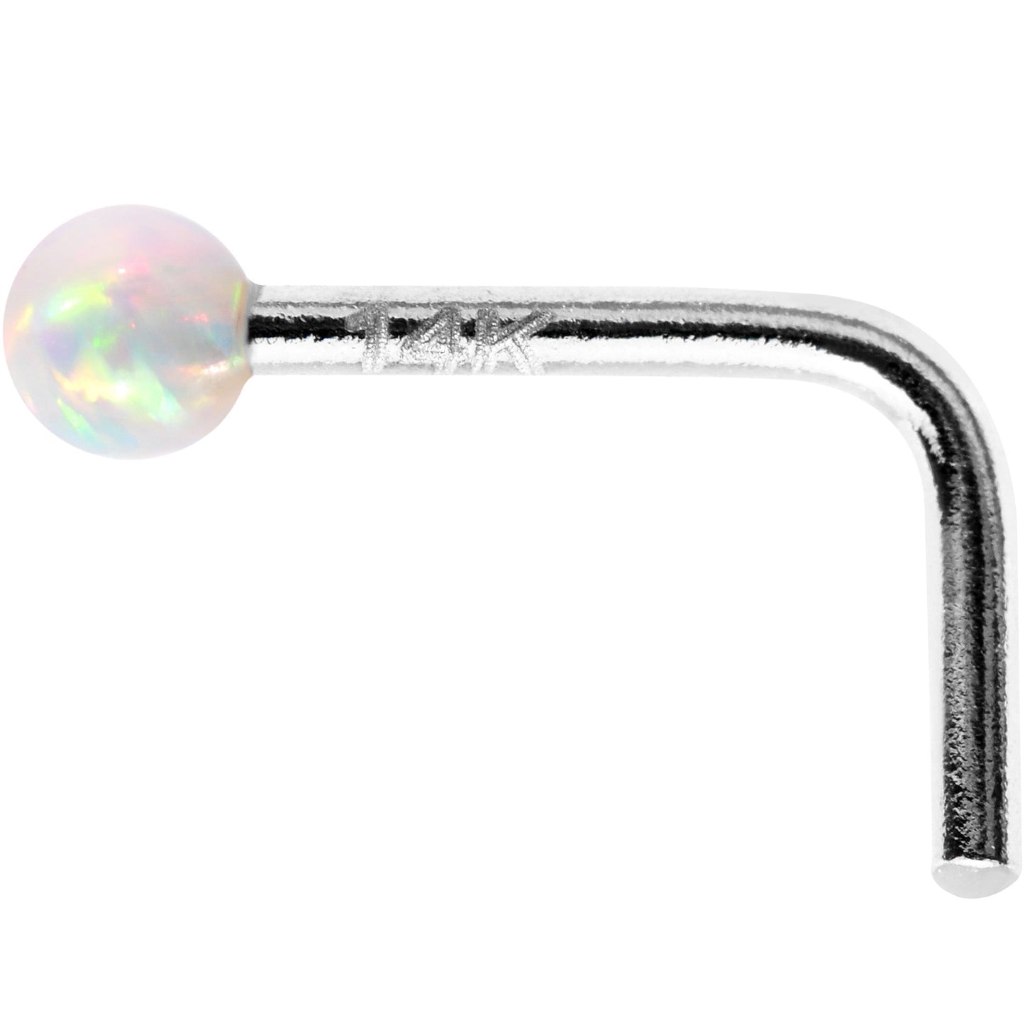 1/4 14k White Gold White 2mm Synthetic Opal Ball L Shaped Nose Ring
