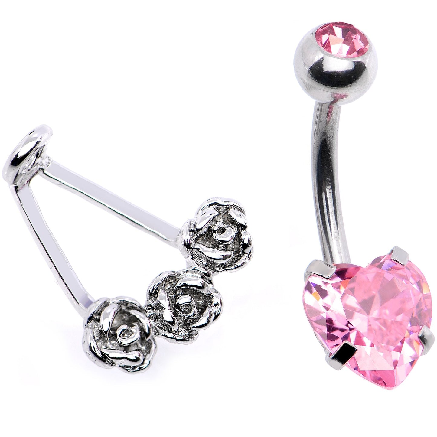 Pink CZ Gem Heart Kissed Rose Flower Dangle Belly Ring
