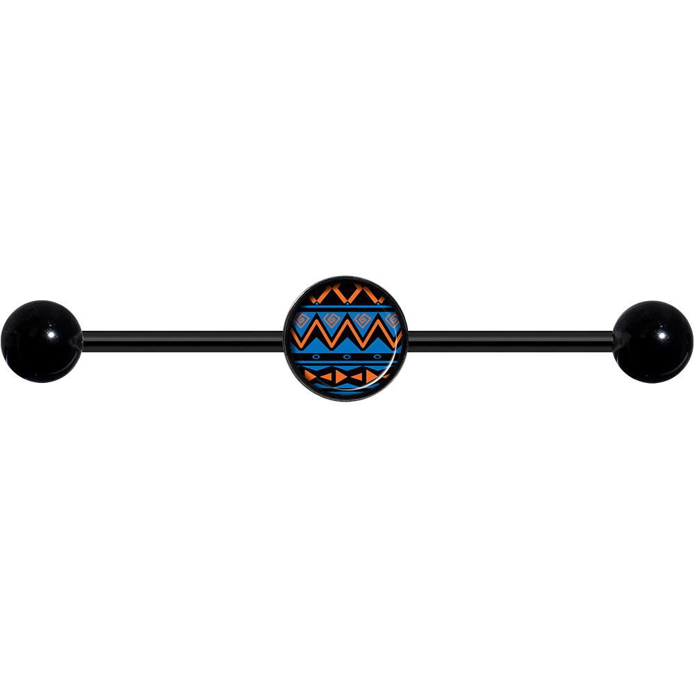 14G Blue Orange Tribal Print Black Industrial Barbell 37mm