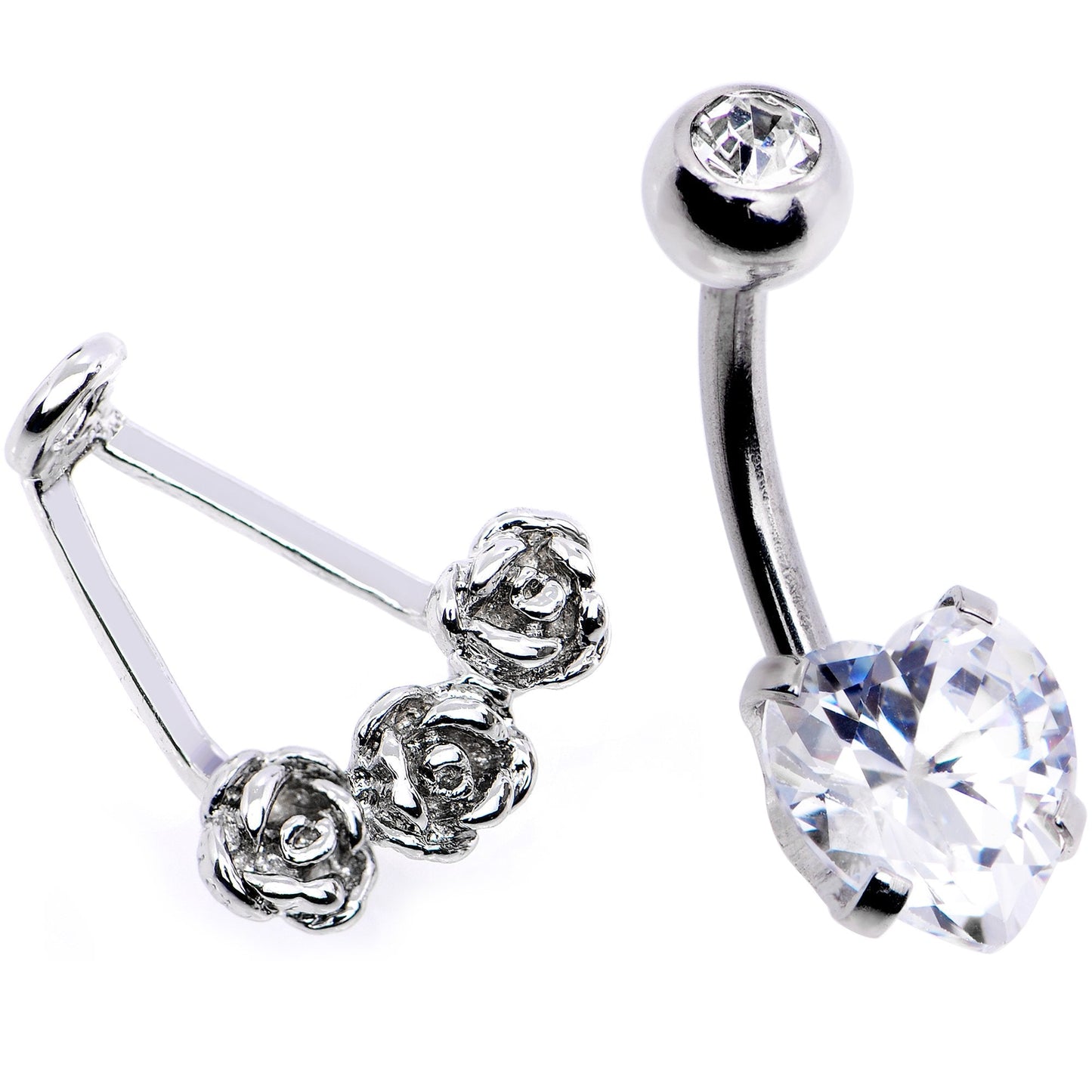 Clear CZ Gem Heart Kissed Rose Flower Dangle Belly Ring