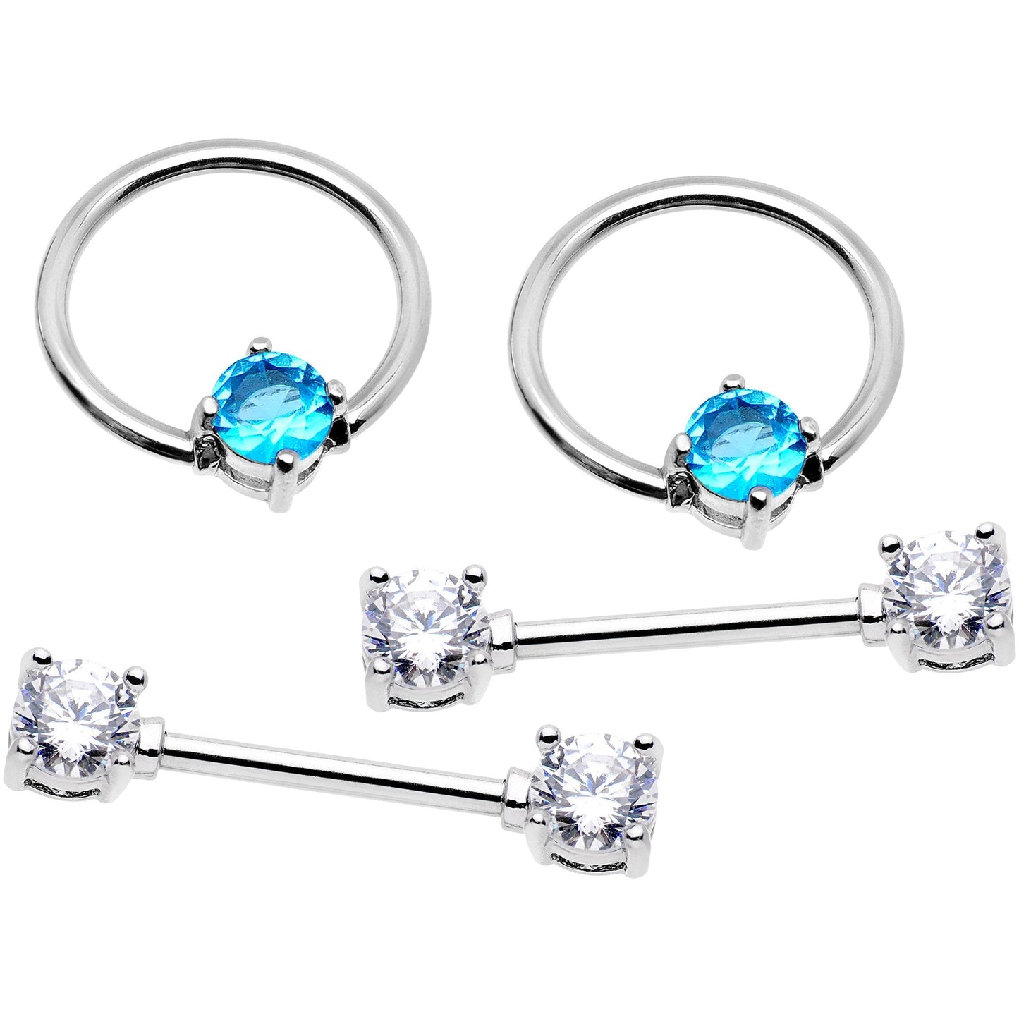 14G 5/8 Clear Aqua Gem Captive Ring Barbell Nipple Ring Set