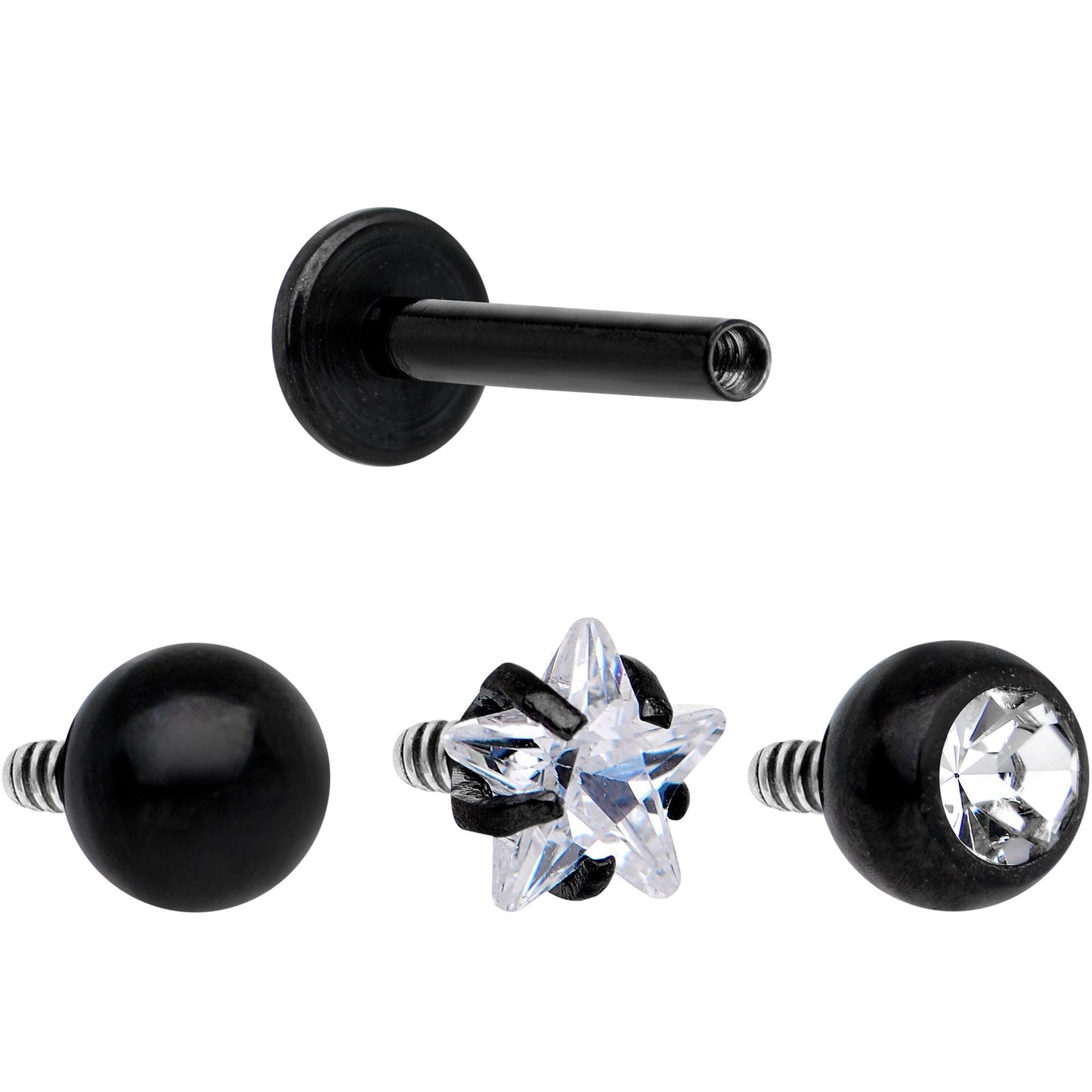 Clear CZ Gem Black PVD Internally Threaded Labret Set of 3 Ends
