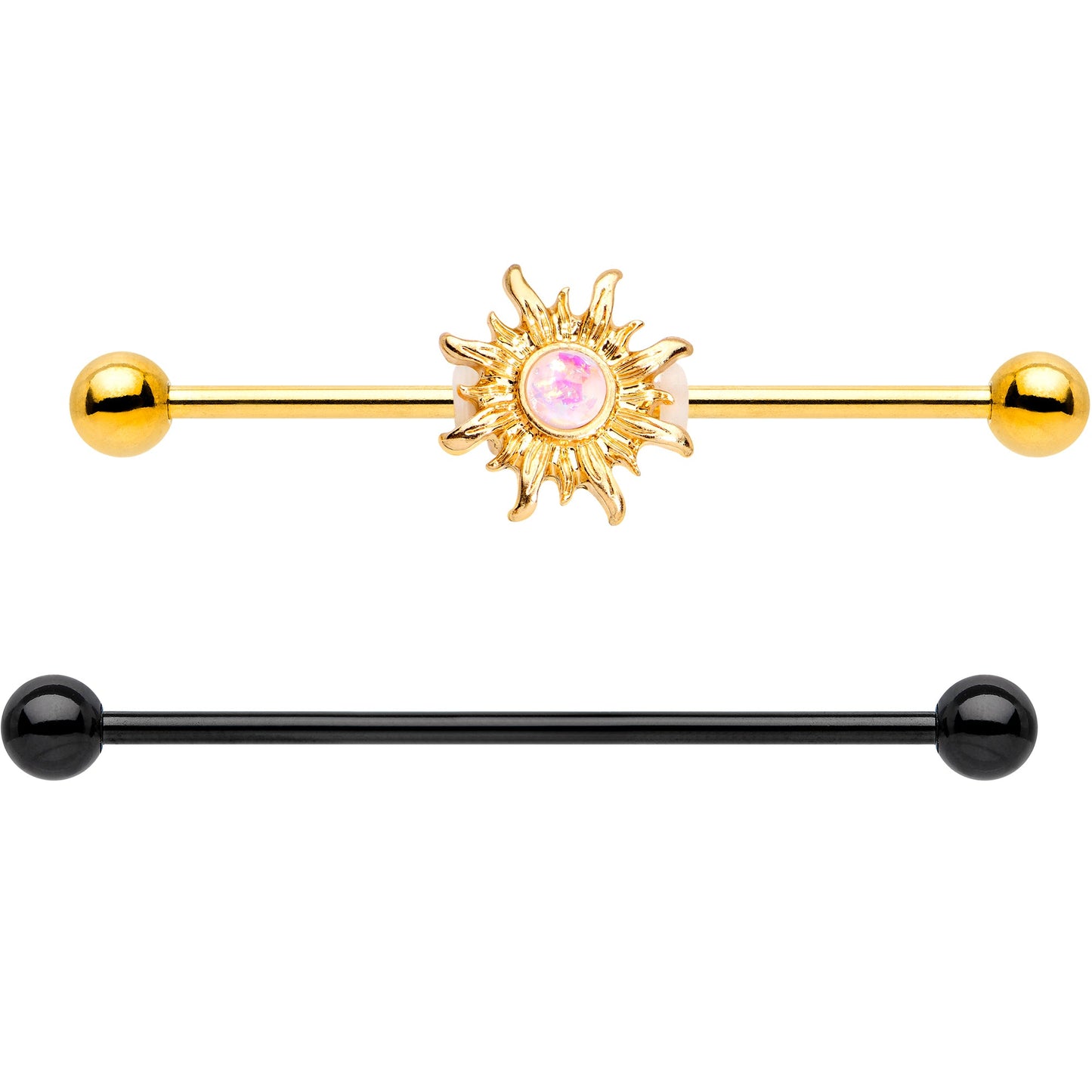 14G Faux Opal Black Gold Tone Sun Industrial Barbell 38mm Set of 2
