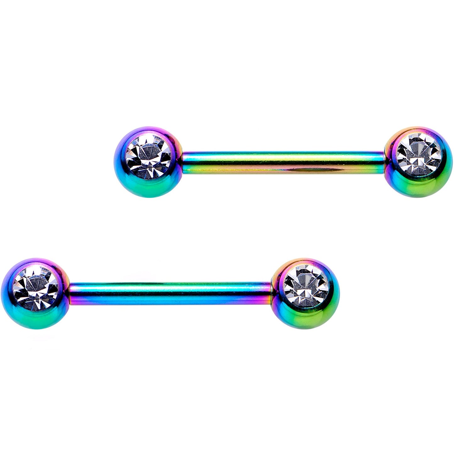 14G 9/16 Clear Gem Rainbow PVD Barbell Nipple Ring Set