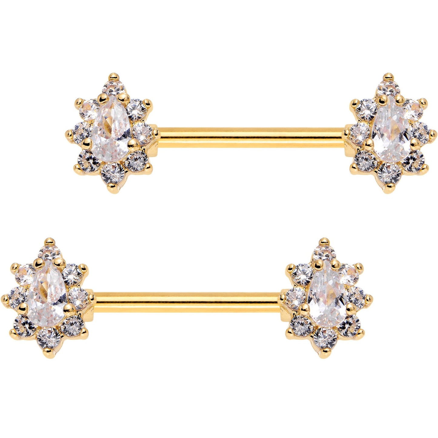 Clear CZ Gem Gold Plated Teardrop Star Barbell Nipple Ring Set