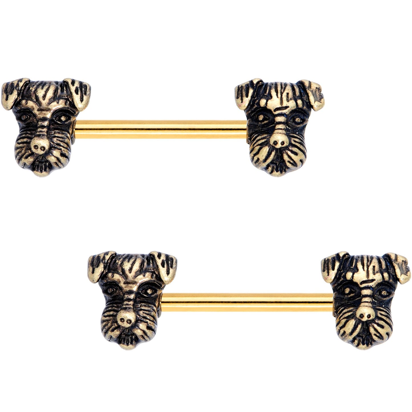 9/16 Gold PVD Womans Best Friend Dog Barbell Nipple Ring Set