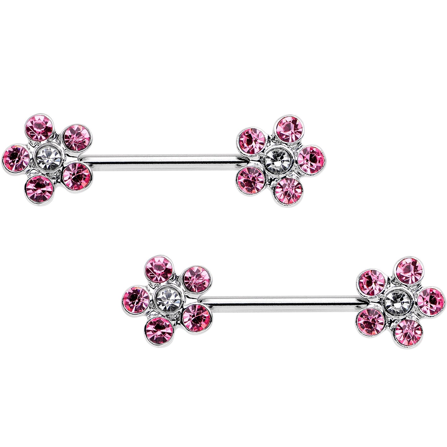 14G 5/8 Pink Clear CZ Gem Fancy Flower Barbell Nipple Ring Set