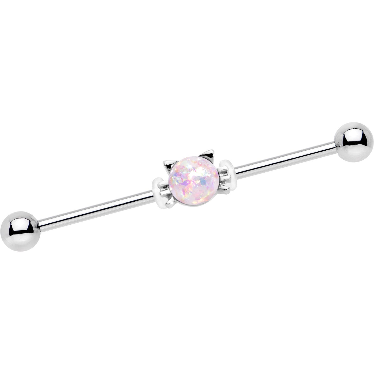 14G White Faux Opal Kitty Cat Whiskers Industrial Barbell 38mm