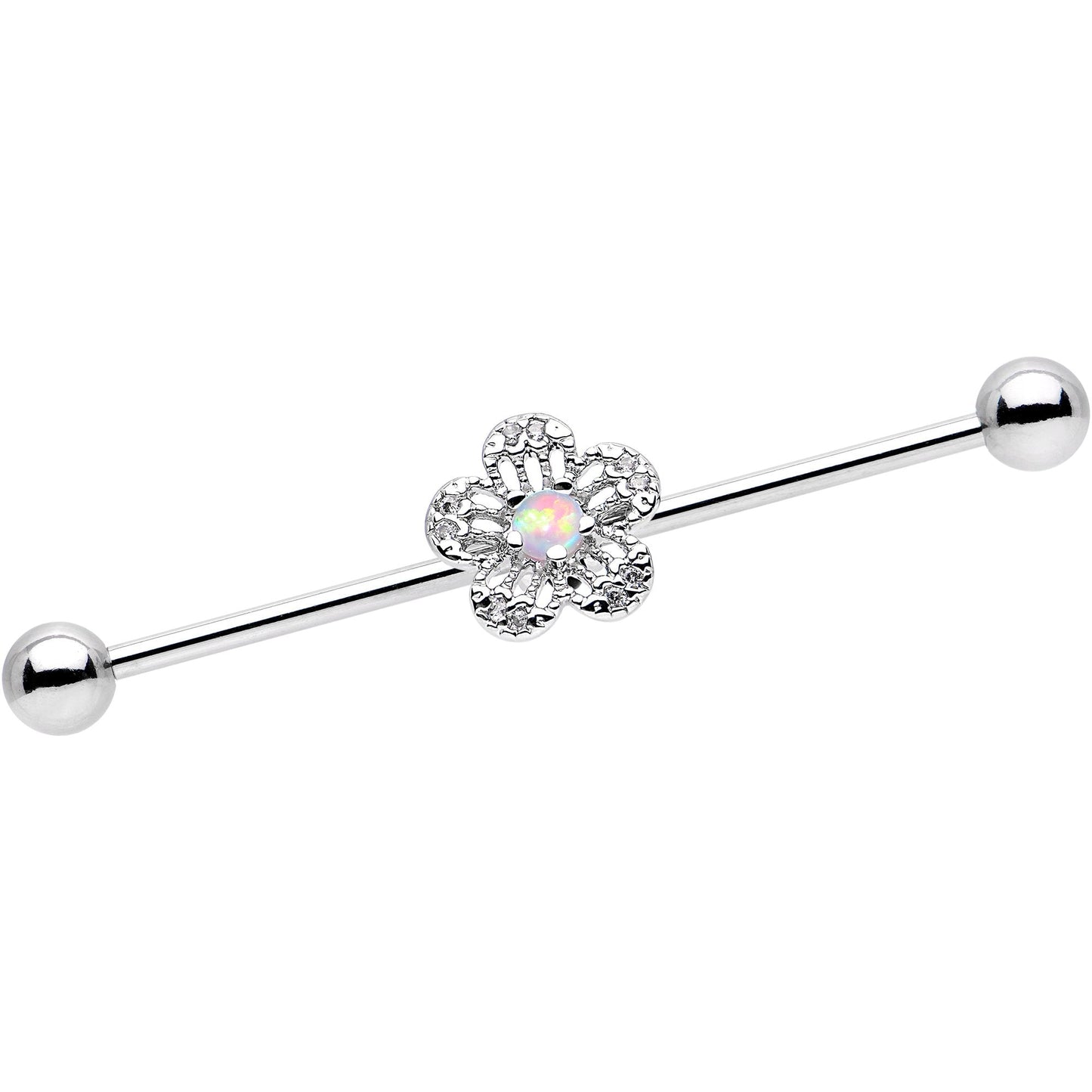 14G White Faux Opal Frozen Flower Industrial Barbell 38mm