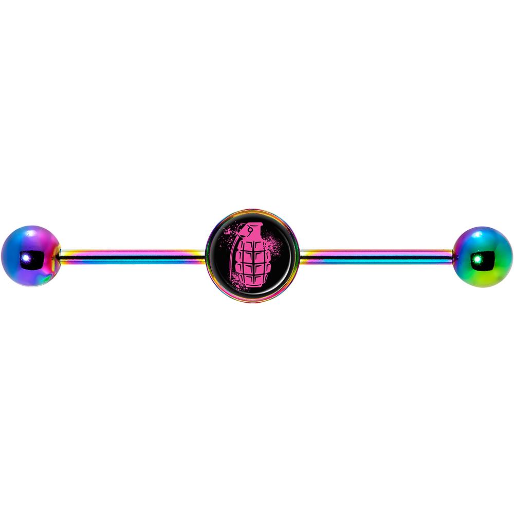 14G Pink Grenade Rainbow Industrial Barbell 37mm