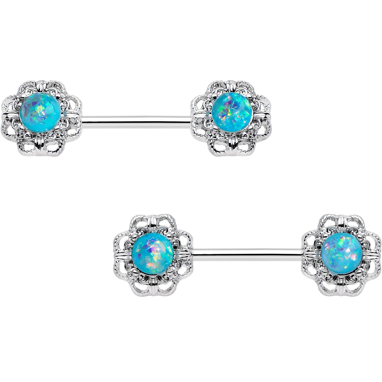 14G 9/16 Blue Faux Opal Filigree Frame Barbell Nipple Ring Set