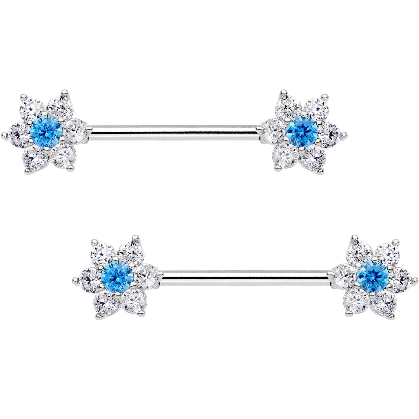 9/16 Aqua CZ Gem Summer Flower Petal Barbell Nipple Ring Set