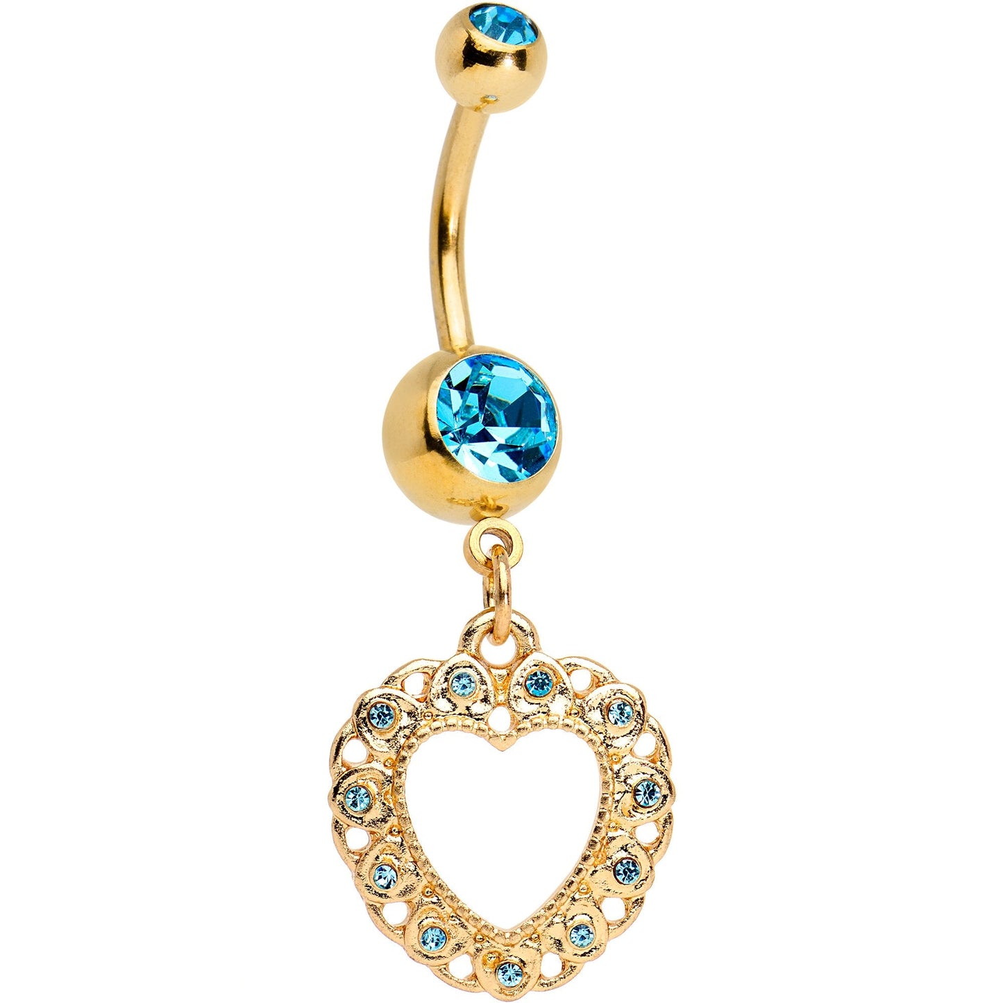 Aqua Gem Gold Tone Anodized Lacey Hollow Heart Dangle Belly Ring