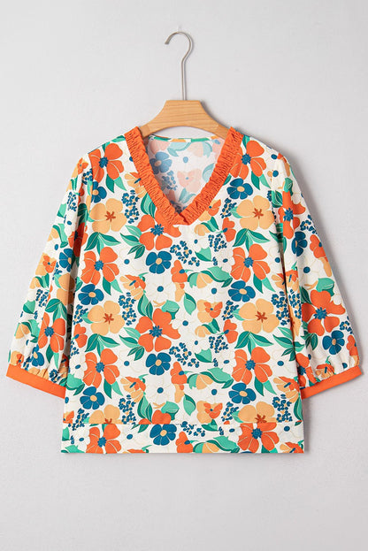 Orange Frilled V Neck Floral Print Bracelet Sleeve Blouse - Jaico Online Shop