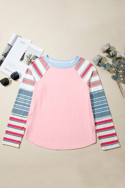 Pink Color Block Round Neck Exposed Seam Patchwork Striped Long Sleeve Top - Jaico Online Shop