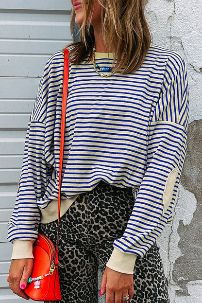 Blue Stripe Textured Elbow Patched Crew Neck Drop Shoulder Sweatshirt - Jaico Online Shop