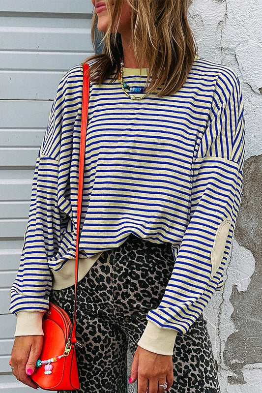 Blue Stripe Textured Elbow Patched Crew Neck Drop Shoulder Sweatshirt - Jaico Online Shop