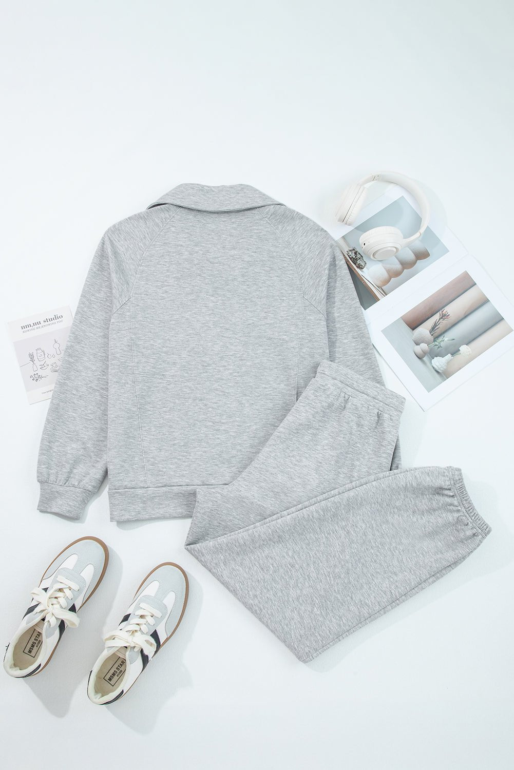 Light Grey Zip Collar Long Sleeve Top Drawstring Pants Set - Jaico Online Shop
