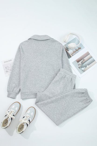 Light Grey Zip Collar Long Sleeve Top Drawstring Pants Set - Jaico Online Shop