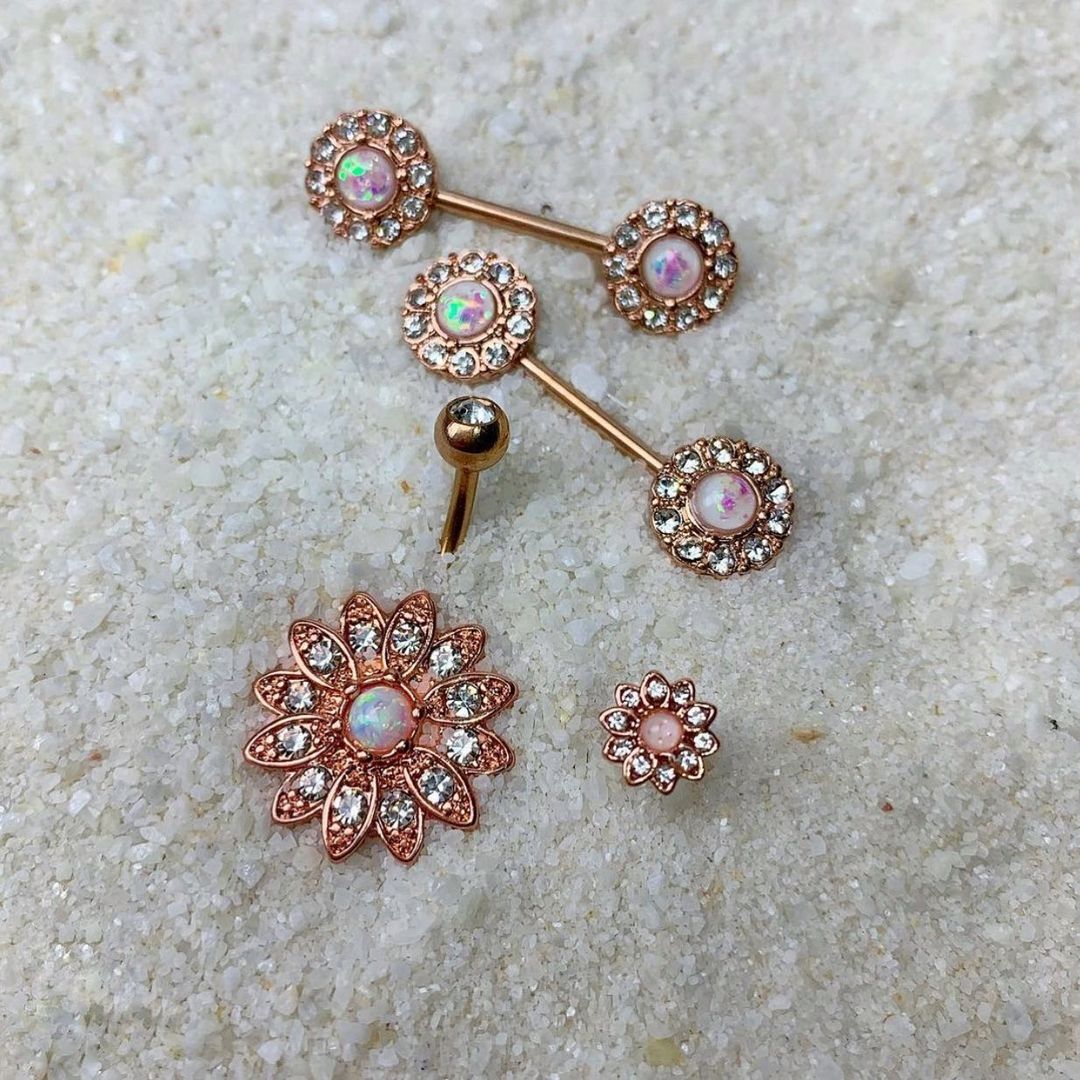 Clear Gem White Faux Opal Rose Gold Tone Flower Belly Ring Set of 2