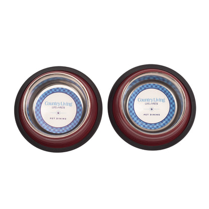 Country Living Set of 2 Ribbed Non-Slip Pet Bowls – Merlot Red