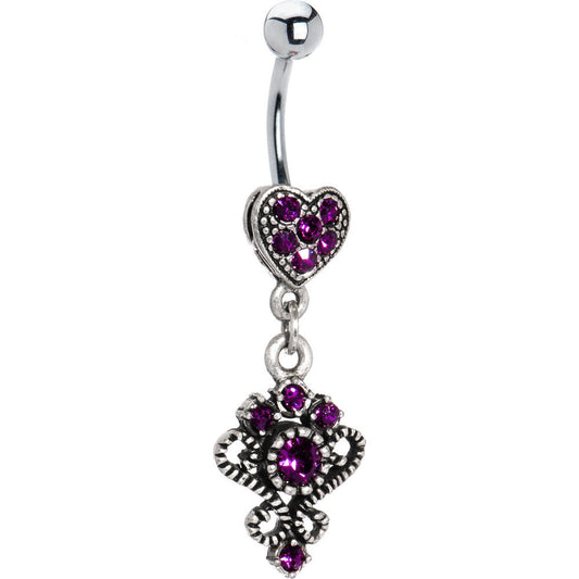Antique Silver Victorian Heart Violet Gem Dangle Belly Ring