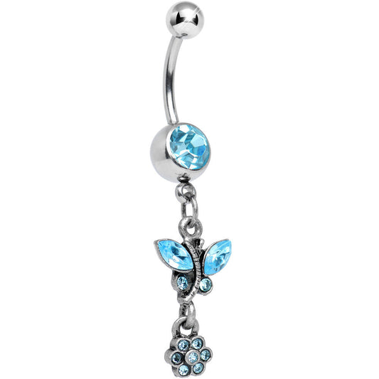 Antique Silver Floral Ivy Solar Blue Gem Dangle Belly Ring