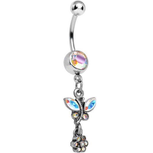 Antique Silver Floral Ivy Aurora Gem Dangle Belly Ring