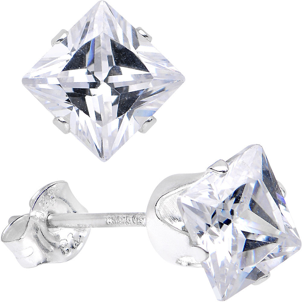 Clear 925 Sterling Silver 5mm Cubic Zirconia Square Stud Earrings