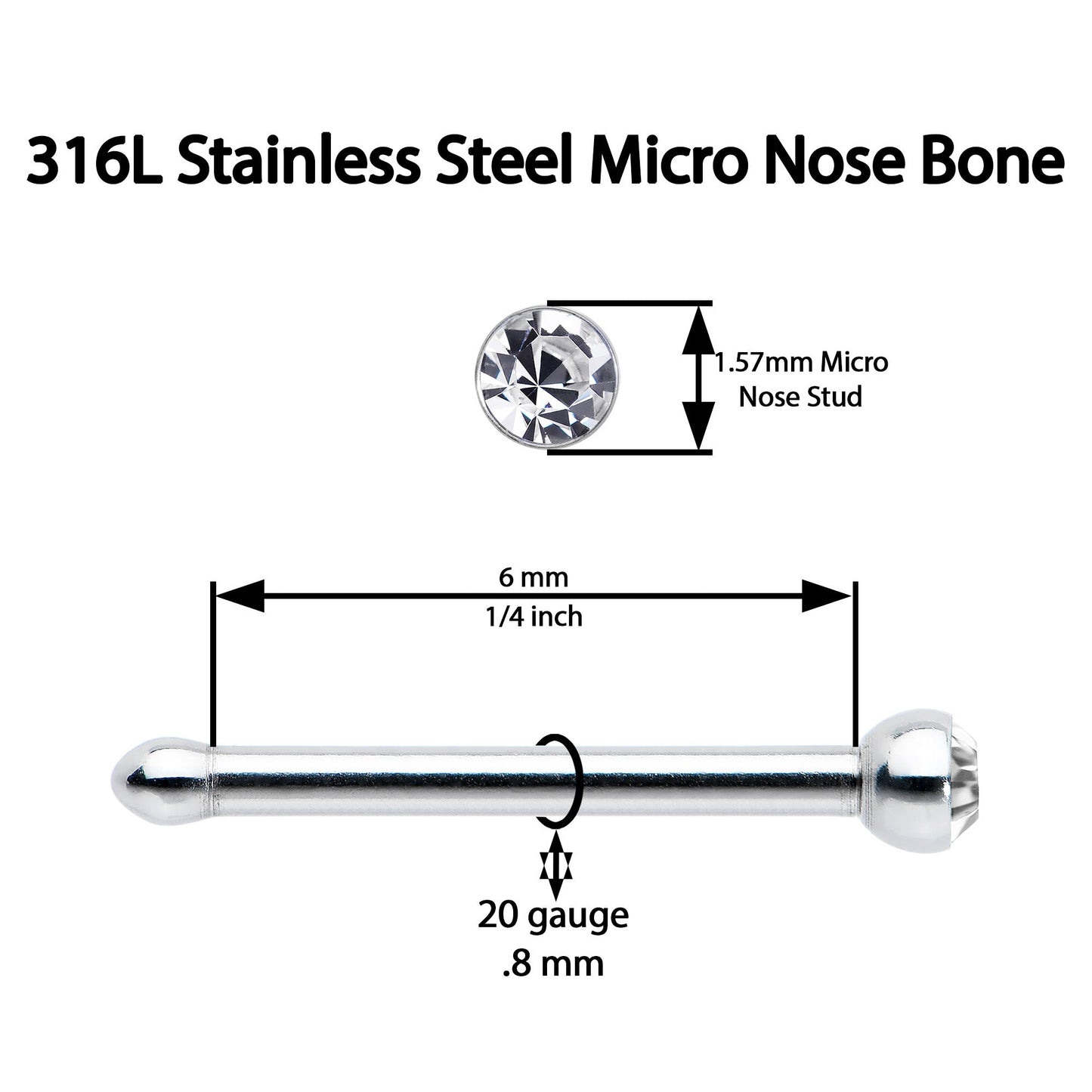 20G Stainless Steel Crystalline Gem Micro Nose Bone