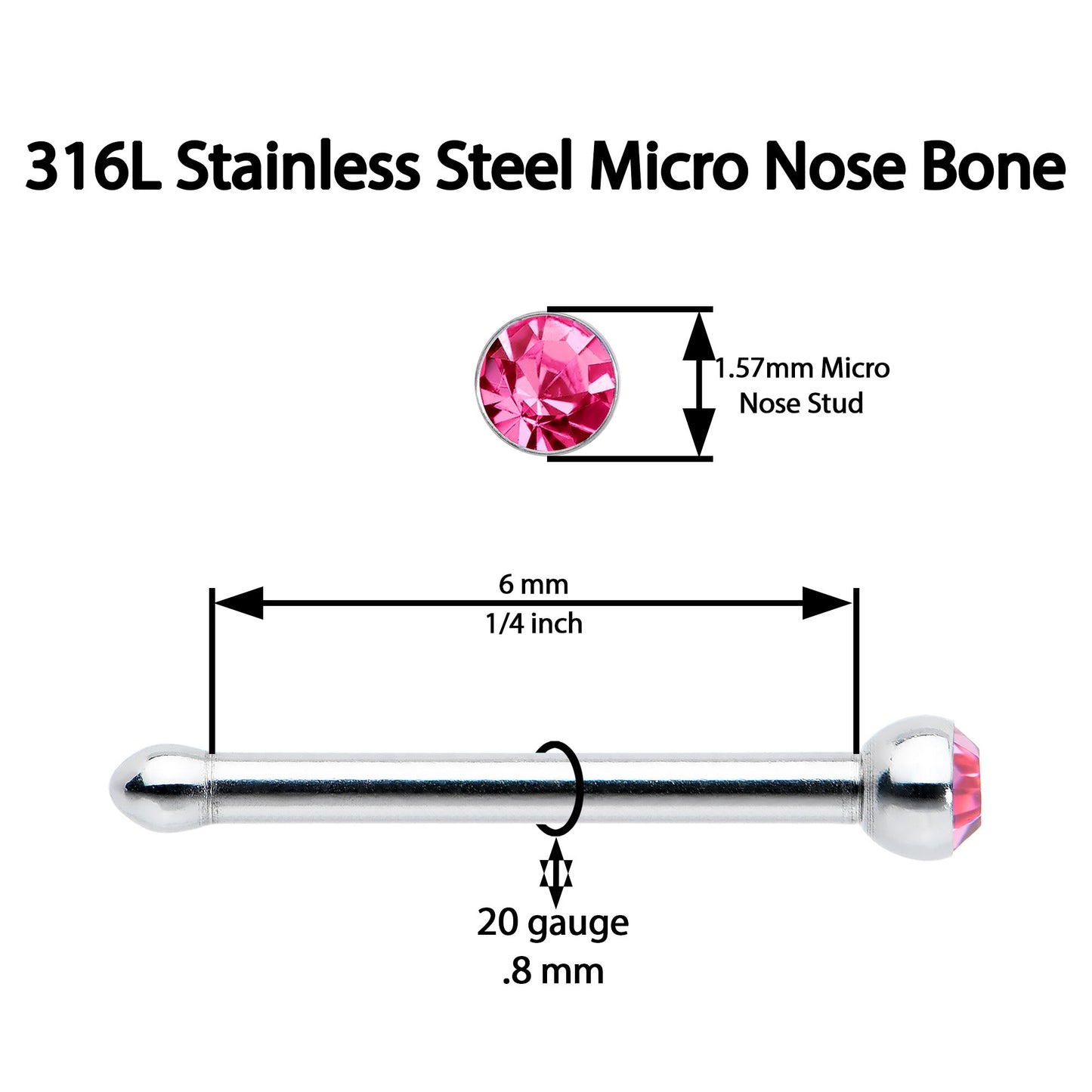 20G Stainless Steel Pink Gem Micro Nose Bone