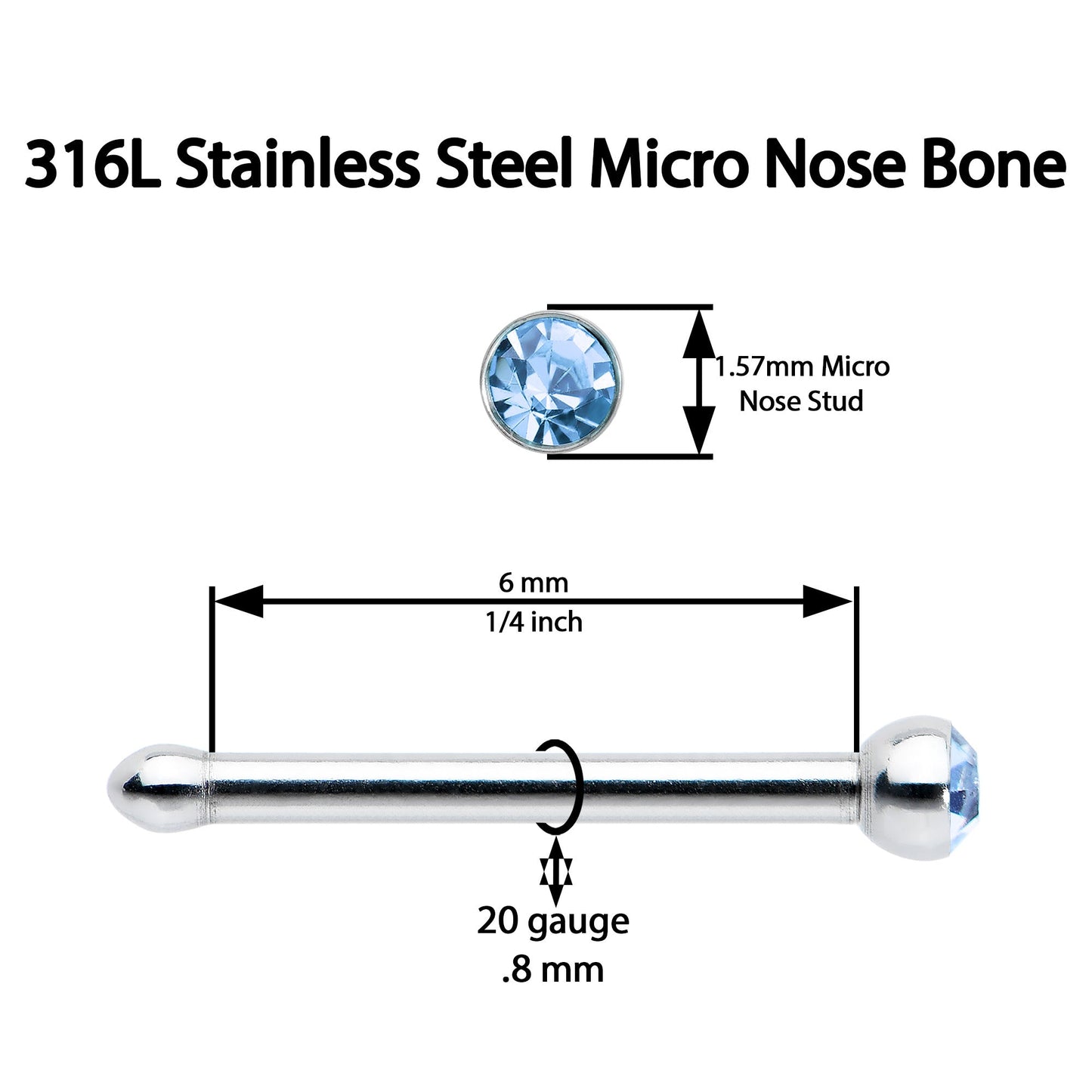 20G Stainless Steel Light Blue Gem Micro Nose Bone