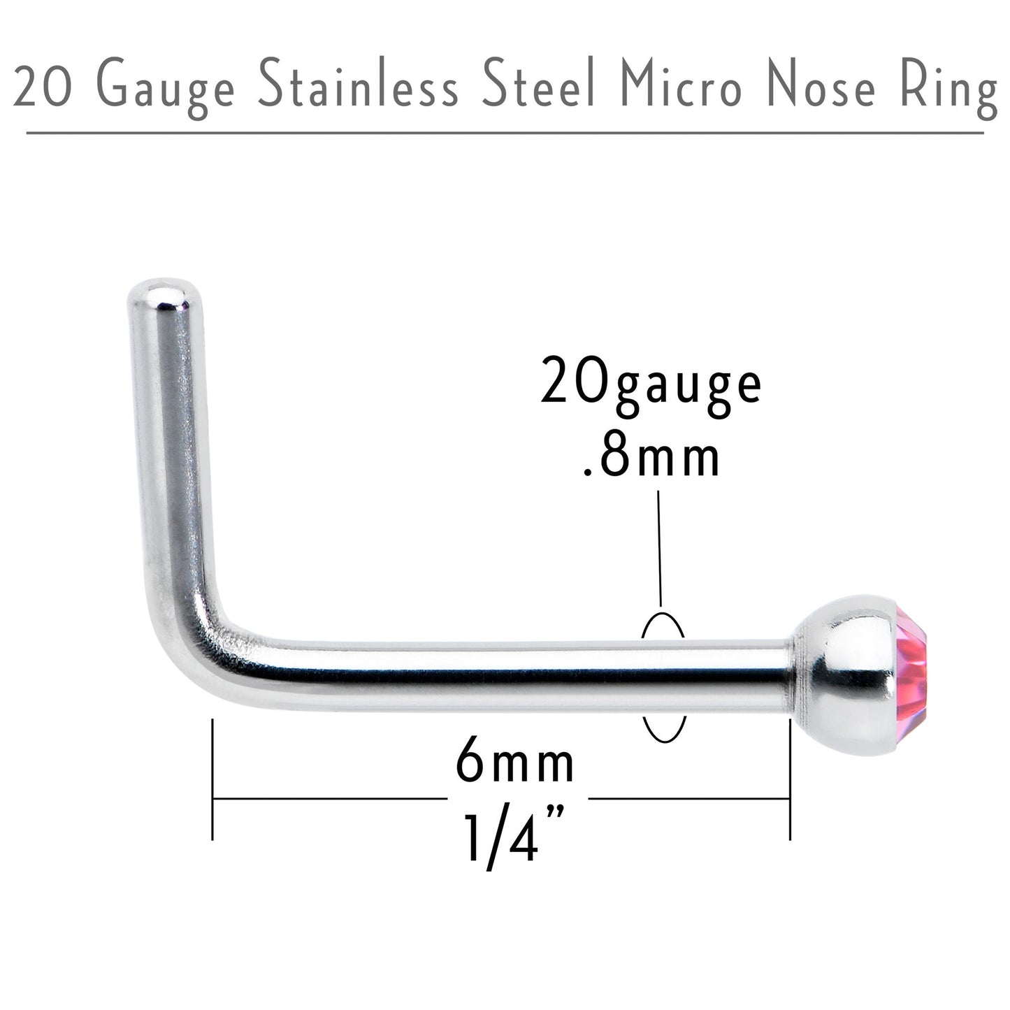 20G Stainless Steel Pink Gem Micro Nose Ring L-Shaped