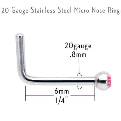 20G Stainless Steel Pink Gem Micro Nose Ring L-Shaped