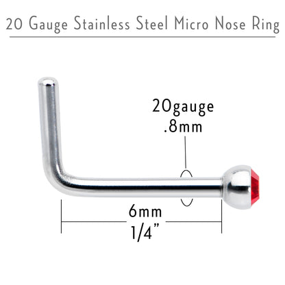 20G Stainless Steel Ruby Red Gem Micro Nose Ring L-Shaped